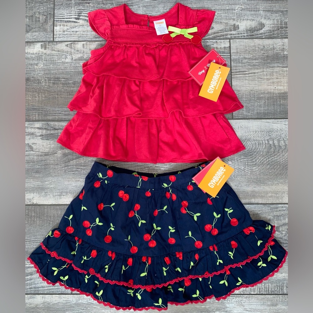 🍒 NWT Gymboree Very Cherry Collection Red Navy Ruffle Skirt Top Matching Set 2T